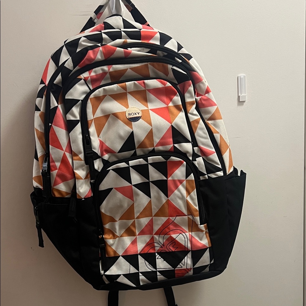 Roxy Geometric Backpack in Black, Orange, and White